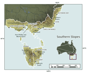 Map of the cluster showing that it covers two areas: Tasmania and southern Victoria and south-eastern New South Wales.