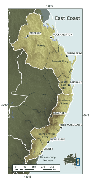 Map of the cluster showing that it covers the coastal parts of Queensland and New South Wales from north of Rockhampton to south of Sydney.