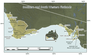 Map of the cluster showing that it covers two separate areas, separated by the Nularbor Plain, encompassing south-west Western Australia and much of the coastal area of South Australia.