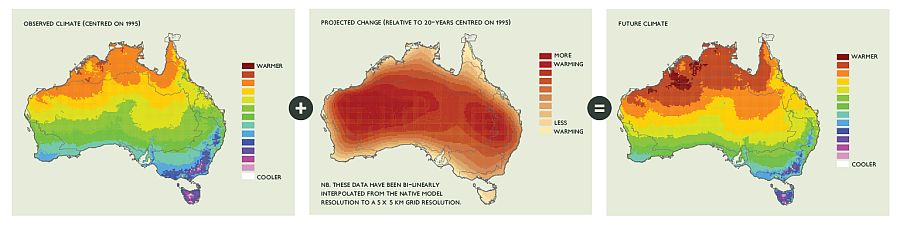 Three australian maps showing the process and data resolution for the delta change method.