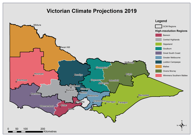 Map of Victoria showing the regions used for developing the VCP19 projections. There are ten regions for the high resolution data and six for the GCM results.