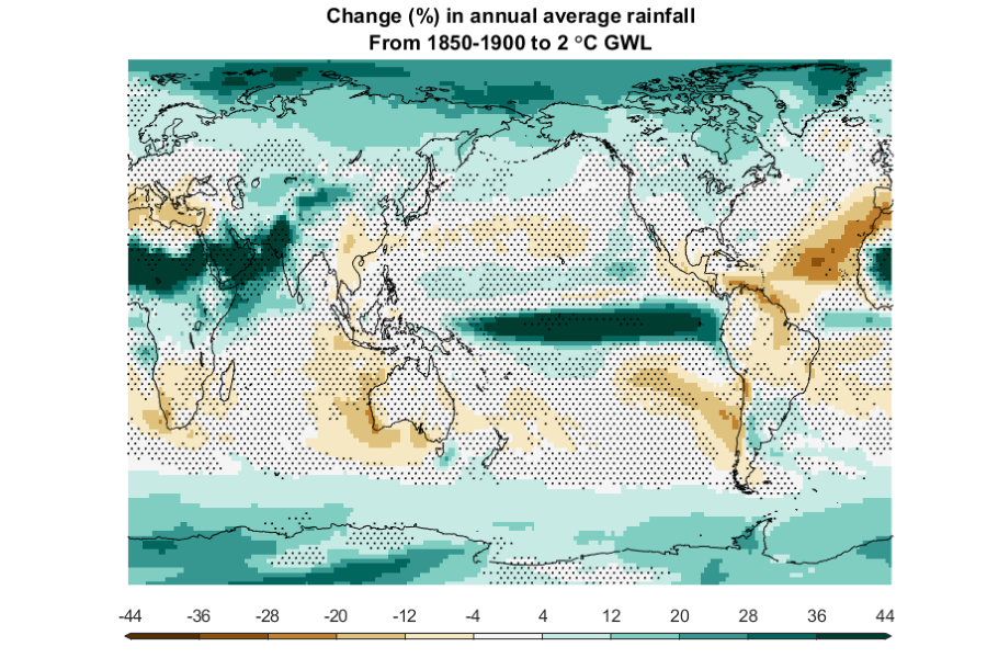 Change in annual average rainfall from 1850-1900 to 2 degree Global Warming Level