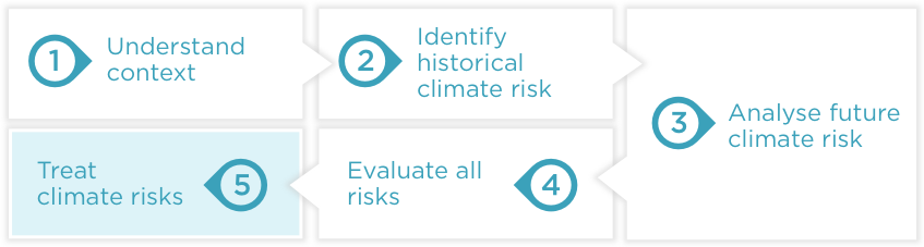 Figure 1 shows the five-step ESCI Climate Risk Assessment Framework, based on ISO 31000 and incorporating elements from other relevant risk and adaptation frameworks. The five steps are understand context; identify the climate risk; analyse the climate risk; evaluate the climate risk; and treat the risk. 