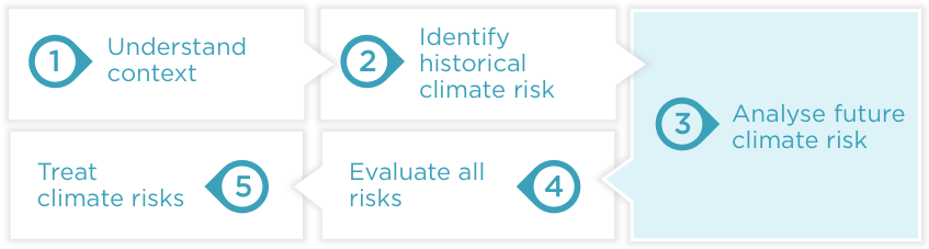 Figure 2 shows the five-step ESCI Climate Risk Assessment Framework, based on ISO 31000 and incorporating elements from other relevant risk and adaptation frameworks. The five steps are understand context; identify the climate risk; analyse the climate risk; evaluate the climate risk; and treat the risk. 